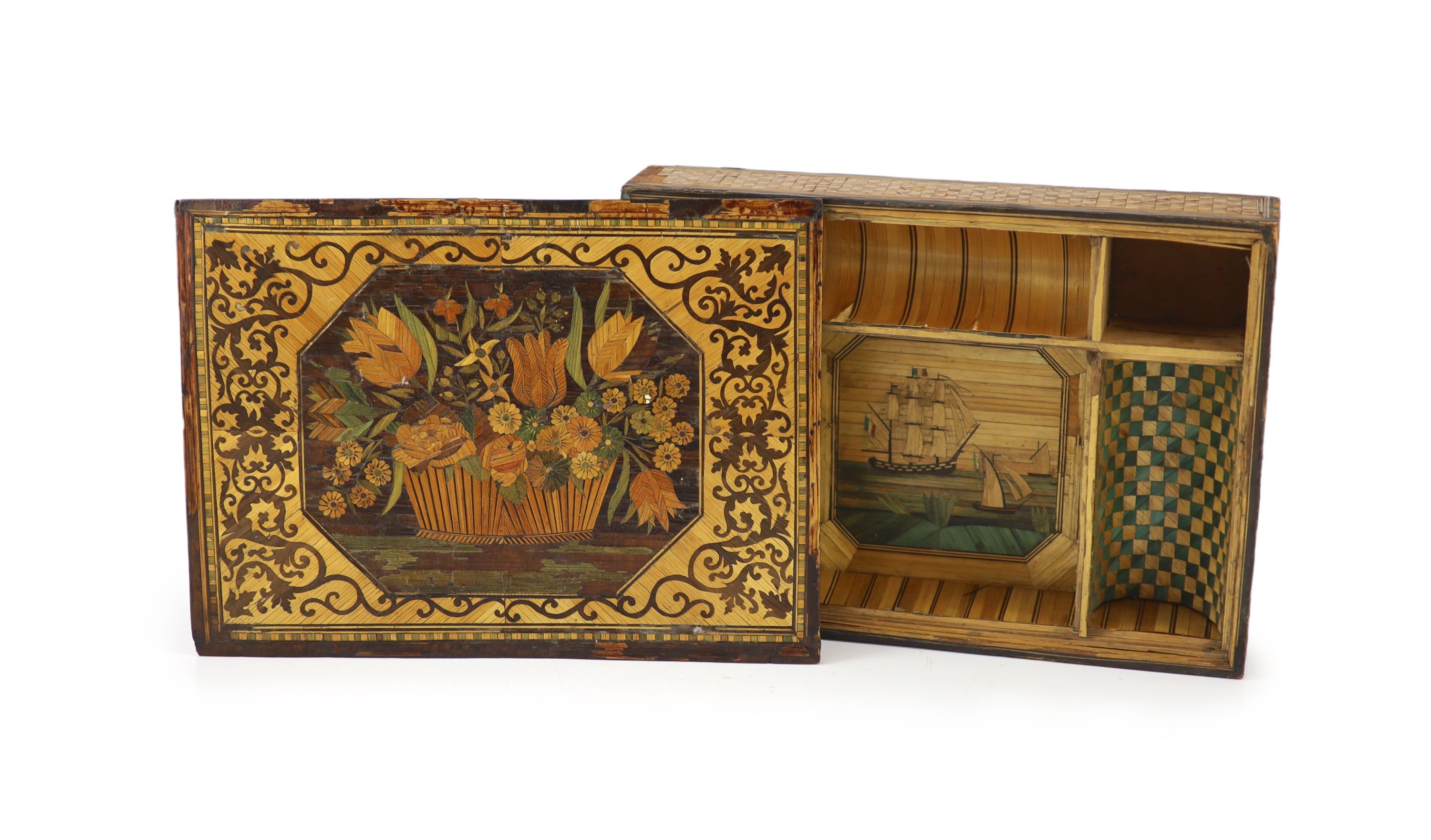 A 19th century coloured straw work box and detachable cover